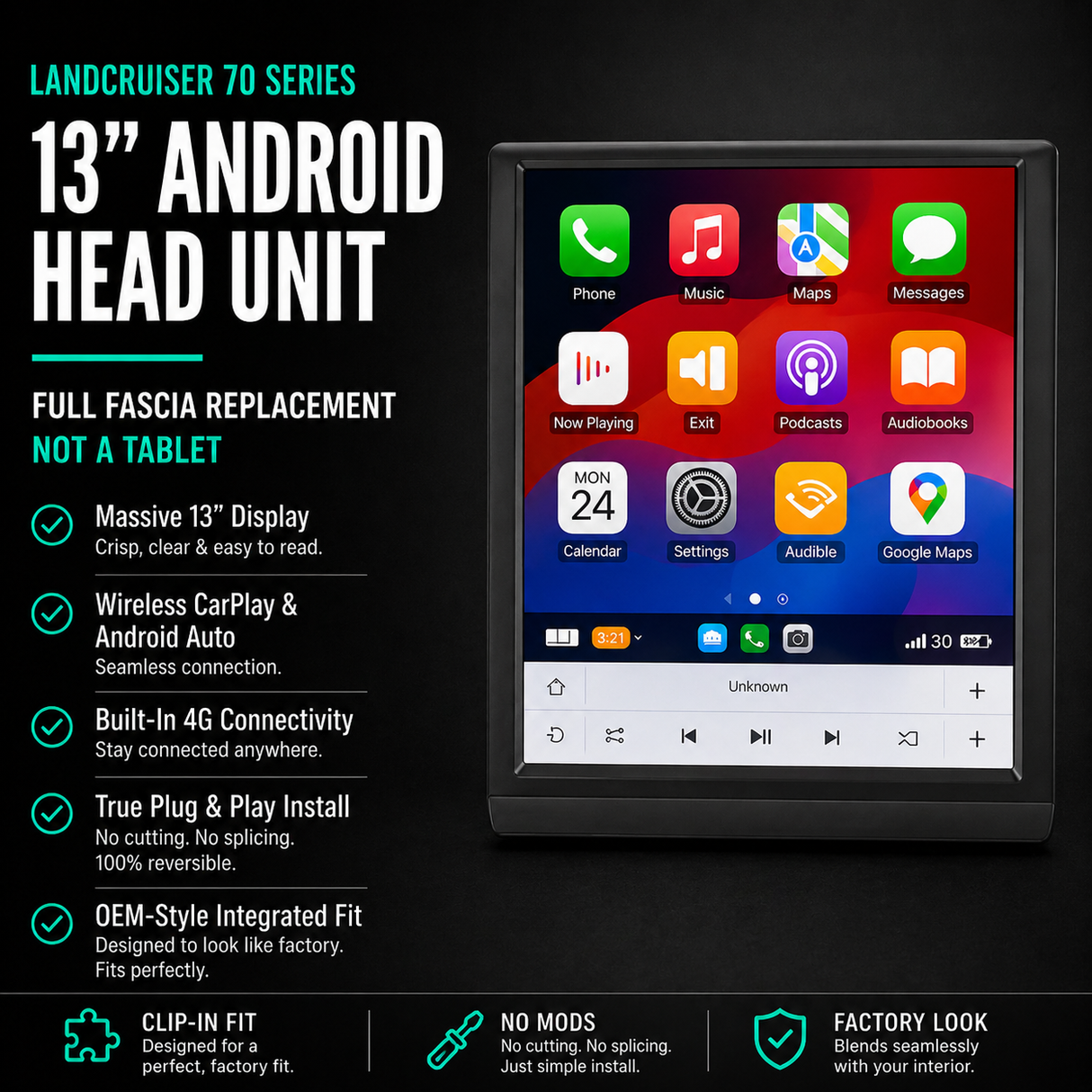 13” Head Unit LandCruiser 70 Series (2009–2026) Wireless CarPlay Android Auto