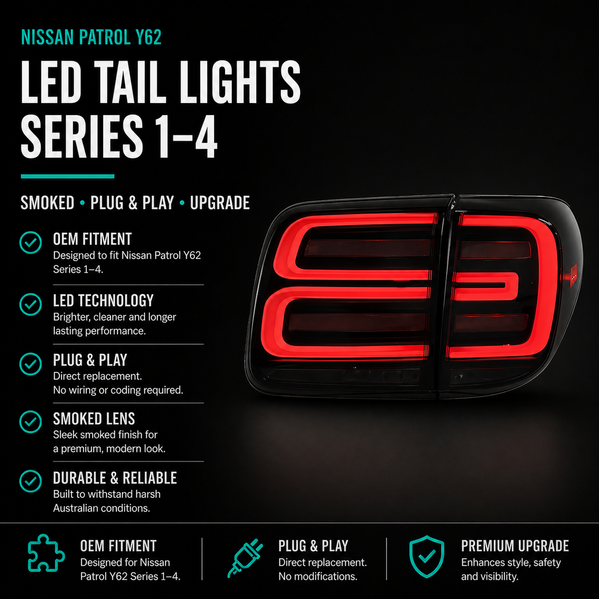 Nissan Patrol Y62 LED Tail Lights (Series 1–4) – Smoked, Plug & Play Upgrade