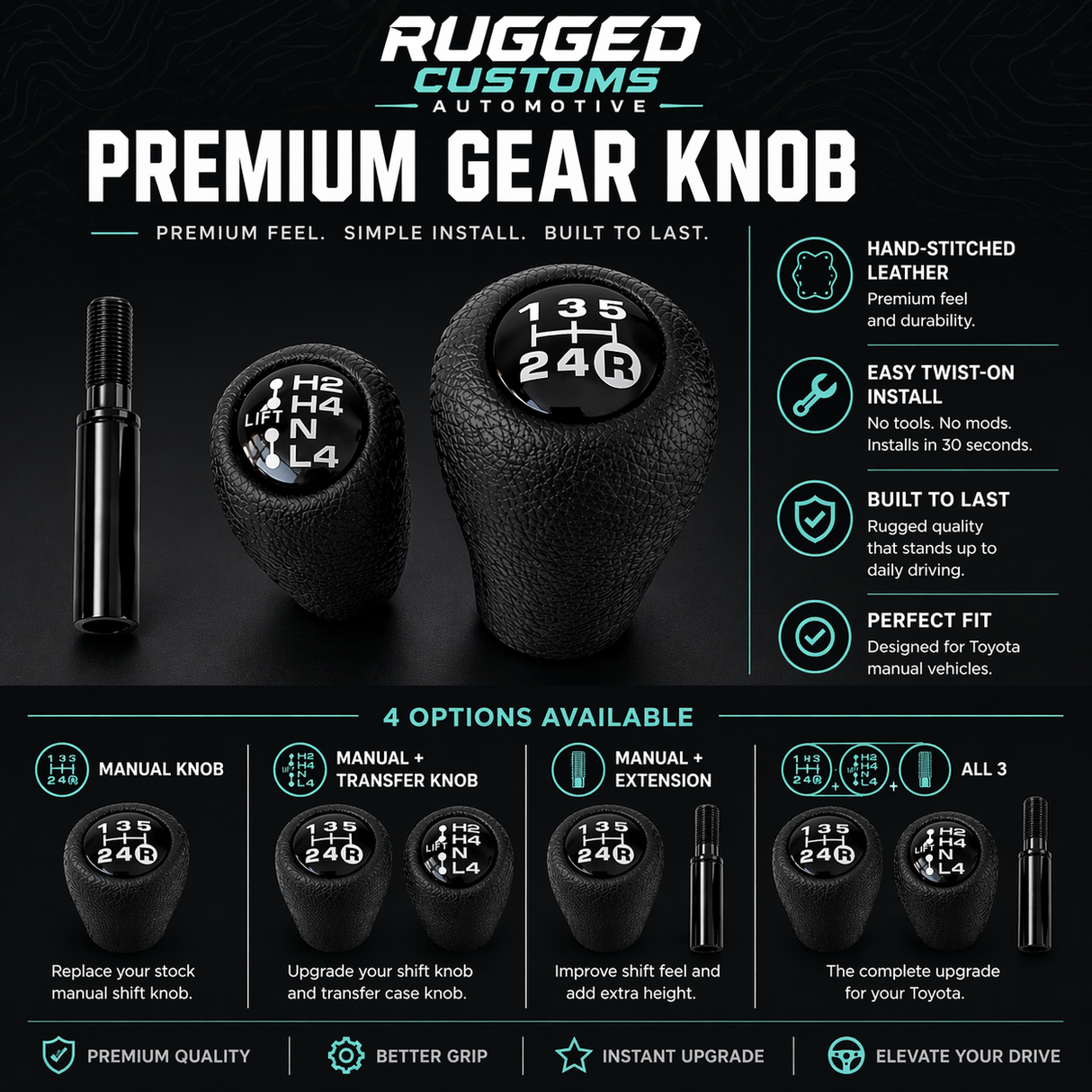 Premium Gear Knob for Toyota β Hand-Stitched Leather, Easy Install, Ships Today!