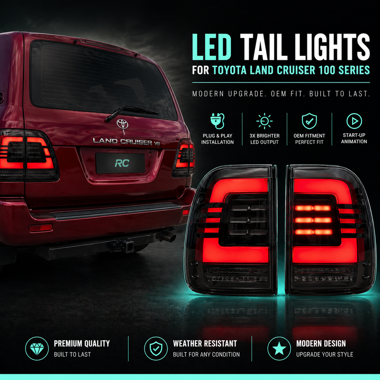 Toyota LandCruiser 100 & 105 Series LED Tail Lights (1998–2007) – Smoked Plug & Play Pair