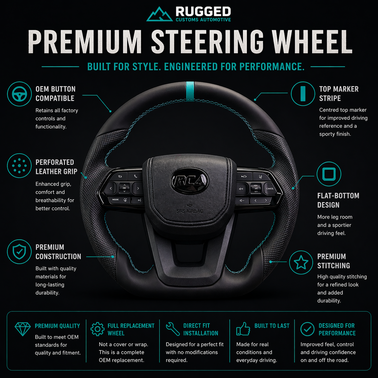 Teal Titan Toyota Steering Wheel | Flat-Bottom, Leather, Plug & Play | Pre Order