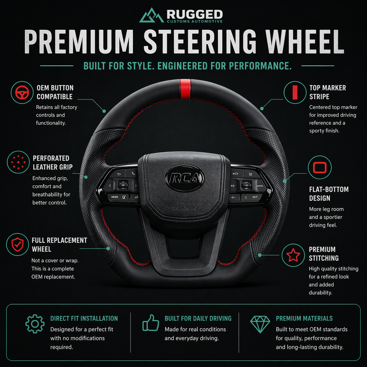 Red Rebel Flat-Bottom Steering Wheel for Toyota — Full Replacement, Plug & Play