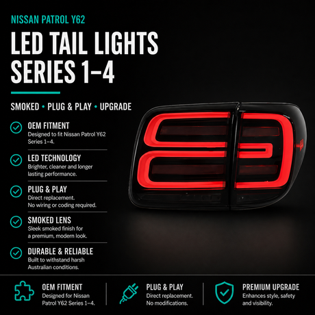 Nissan Patrol Y62 LED Tail Lights (Series 1–4) – Smoked, Plug & Play Upgrade