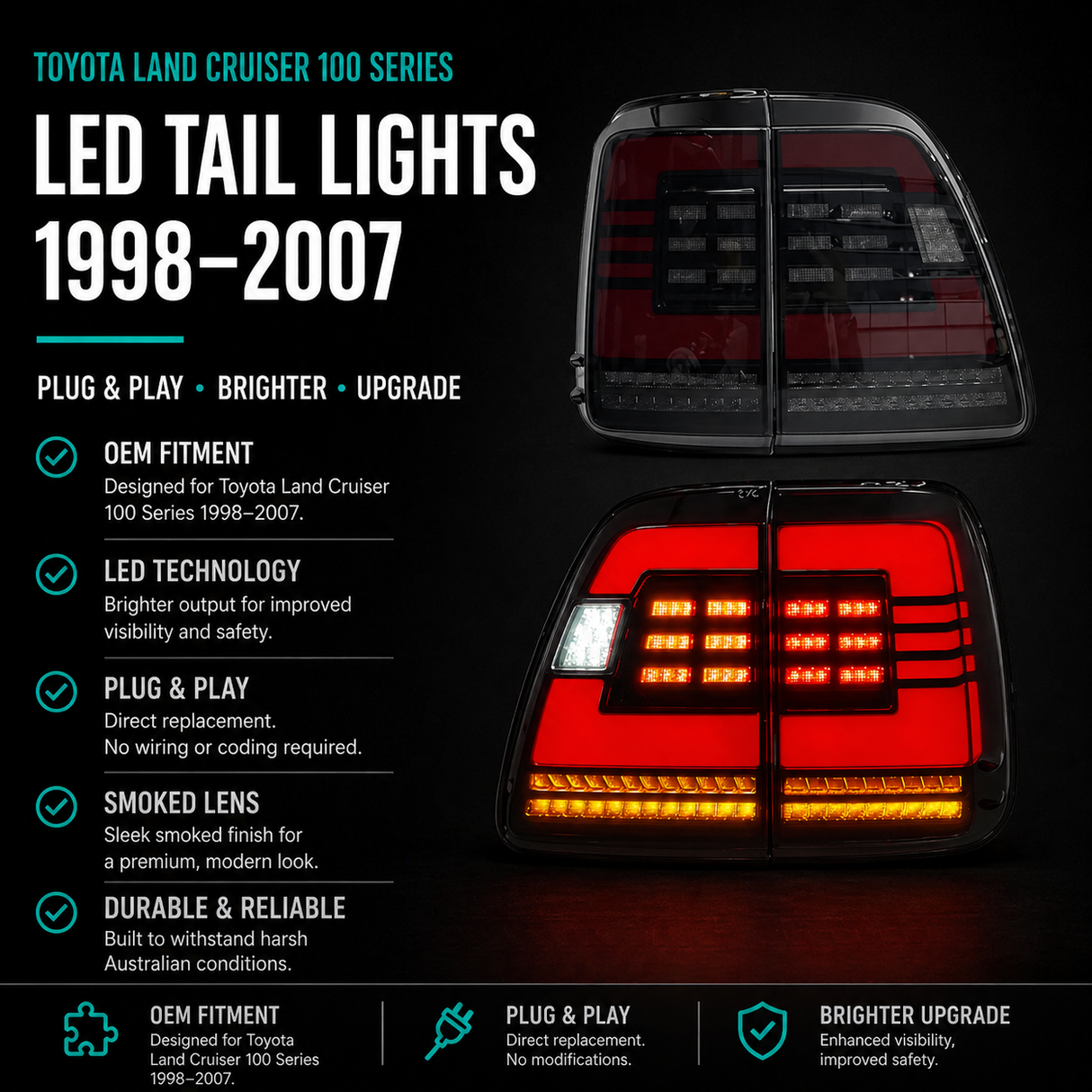 Toyota LandCruiser 100 & 105 Series LED Tail Lights (1998–2007) – Smoked Plug & Play Pair