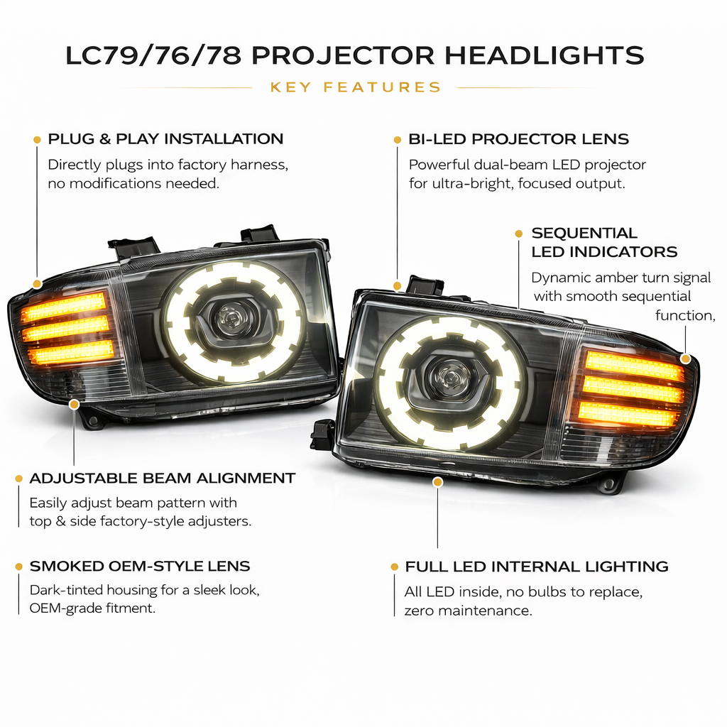 Toyota LandCruiser 70 Series LED Projector Headlights (2007–09/2023) – Bi-LED, DRL, Plug & Play