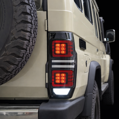 Smoked LED Tail Lights for Toyota LandCruiser 78 Series Troop Carrier (2000–2026) – Plug & Play Upgrade – Pre Order