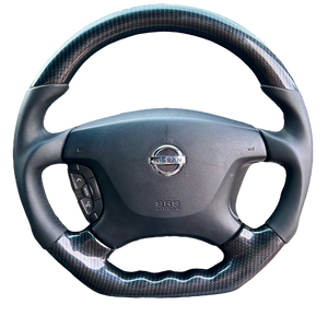 Premium Carbon-Style & Leather Flat-Bottom Steering Wheel for Nissan Patrol GU & GQ – Plug & Play Upgrade