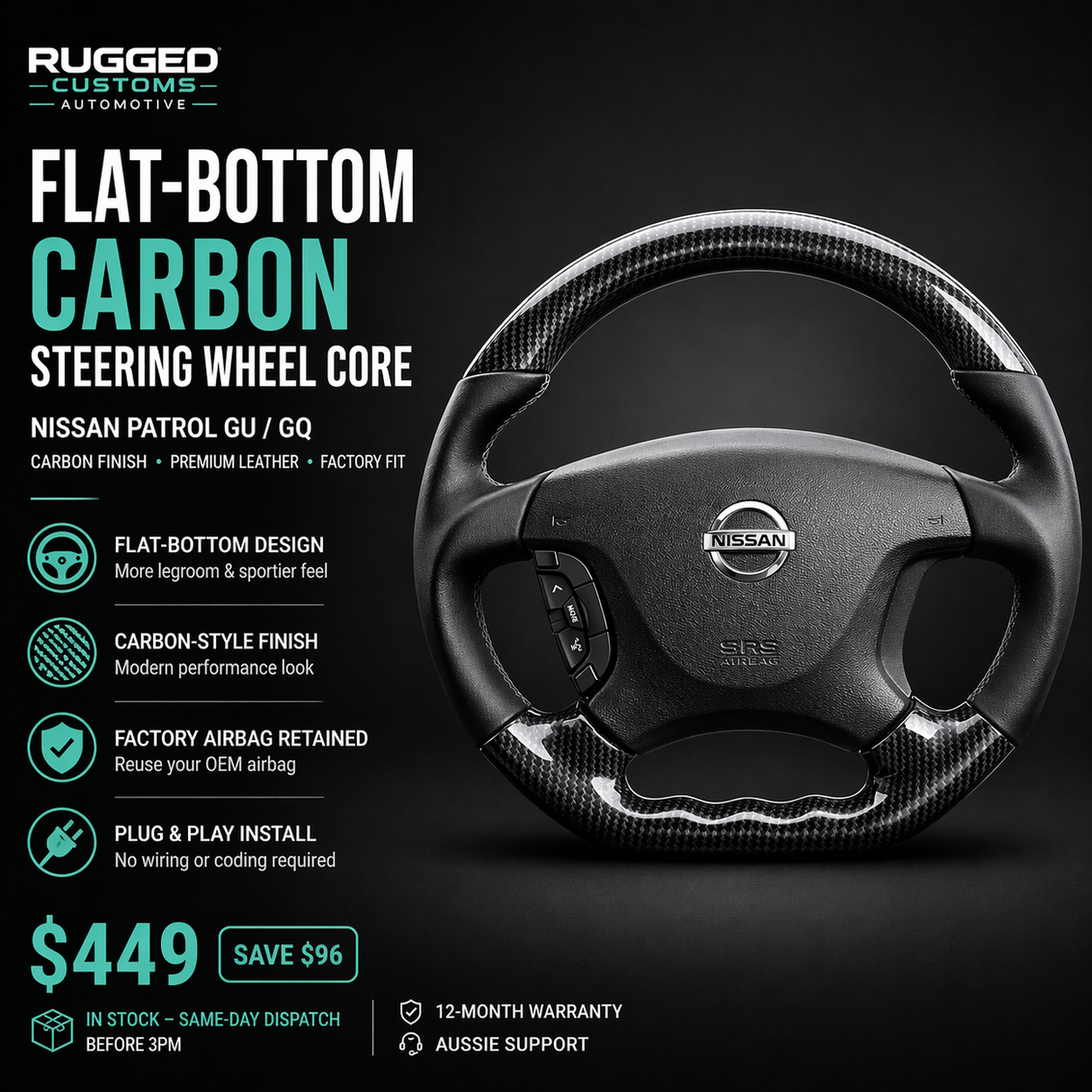 Nissan Patrol GU/GQ Flat-Bottom Carbon Steering Wheel Core (Factory Fit Upgrade)