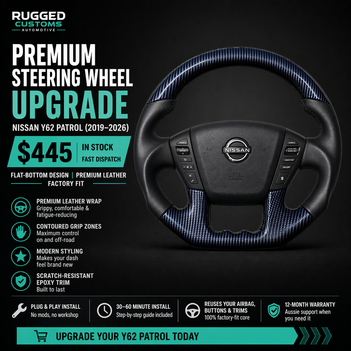 Nissan Patrol Y62 Flat-Bottom Leather Steering Wheel (2019–2026) | Plug & Play