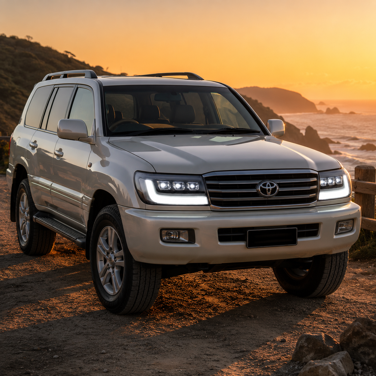 Toyota LandCruiser 100 Series with bi-LED headlights fitted — DRL on, front three-quarter view