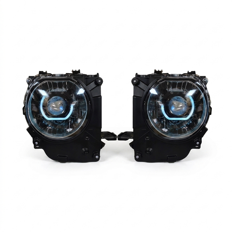Facelift 70 Series LandCruiser Bi-LED projector headlight retrofit kit with ice-blue DRL ring