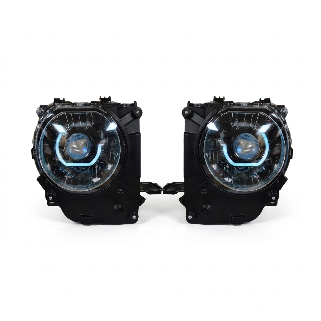 Facelift 70 Series LandCruiser Bi-LED projector headlight retrofit kit with ice-blue DRL ring