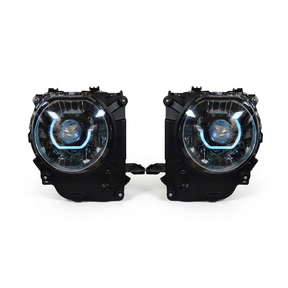 Facelift 70 Series LandCruiser Bi-LED projector headlight retrofit kit with ice-blue DRL ring