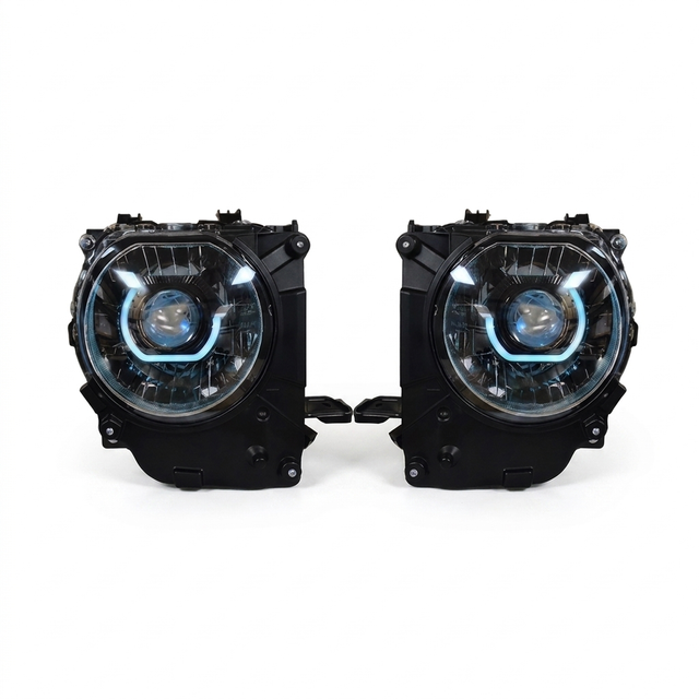 Facelift 70 Series LandCruiser Bi-LED projector headlight retrofit kit with ice-blue DRL ring