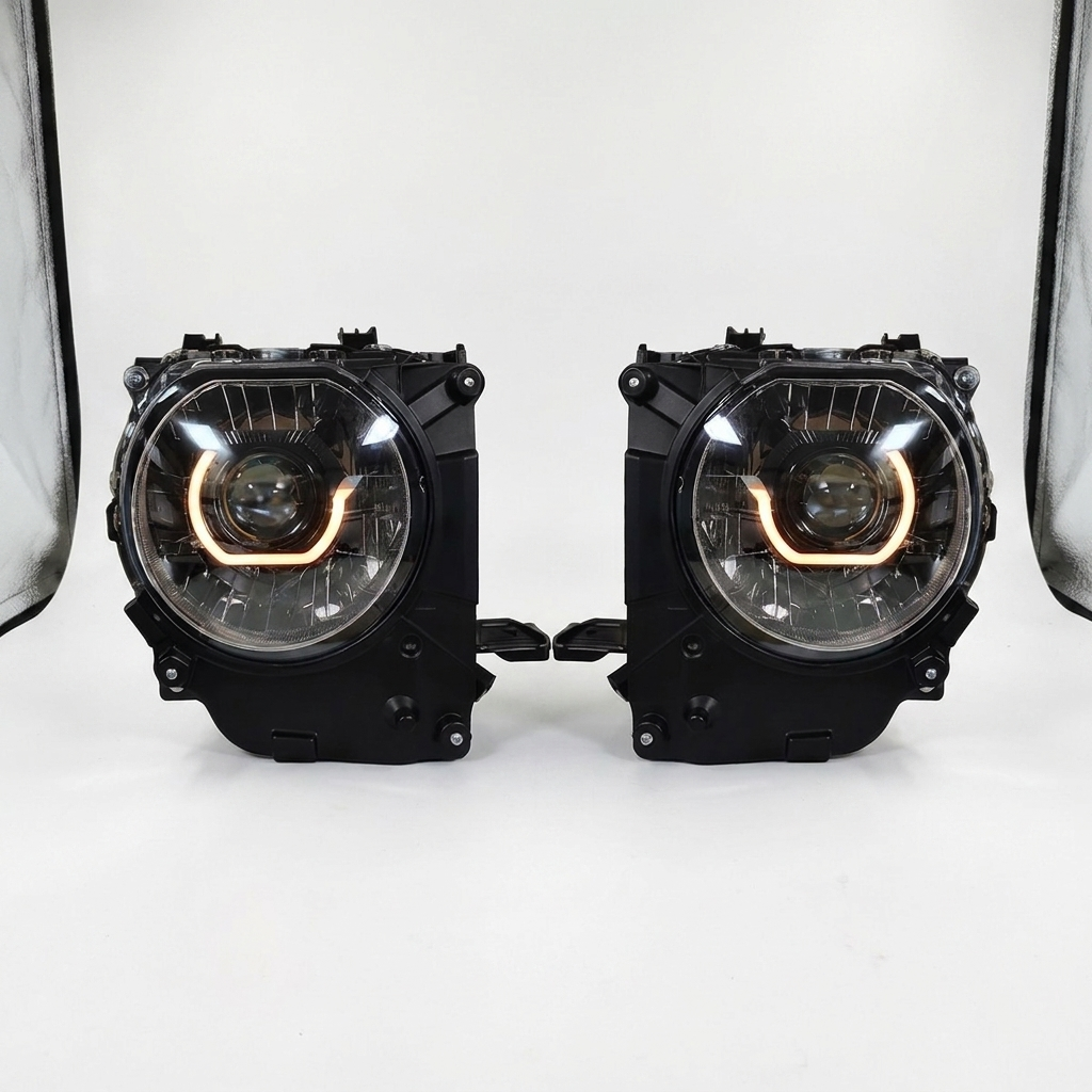 Facelift 70 Series Bi-LED headlight kit - Gloss Black housing with amber DRL ring