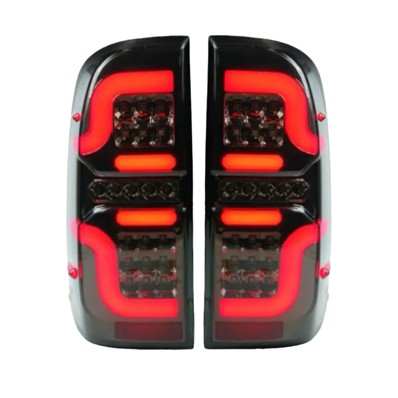 Hilux N70 smoked LED tail lights installed, left and right pair