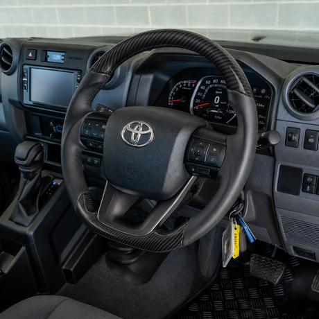 LandCruiser 70 Series leather steering wheel, close-up detail