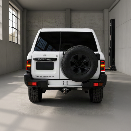 Nissan GU Patrol Series 1-3 Wagon rear end with smoked LED tail lights installed, lights off
